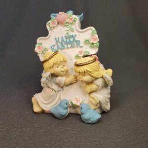 Vintage "Happy Easter" Figurine. Angels Hugging Cross. Seasonal Decor. 1990's